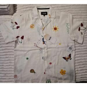 Malibu White Short Sleeve Button-Up Shirt with Embroidered